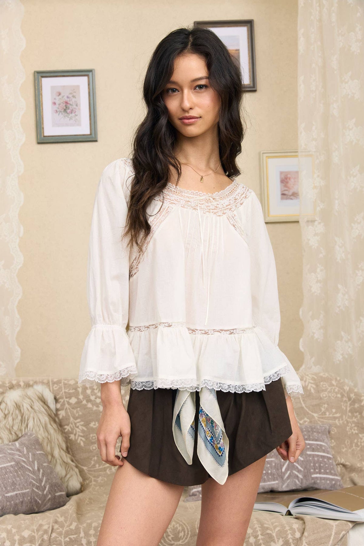OFF-SHOULDER LACE TRIM FRONT TIE LONG SLEEVE TOP