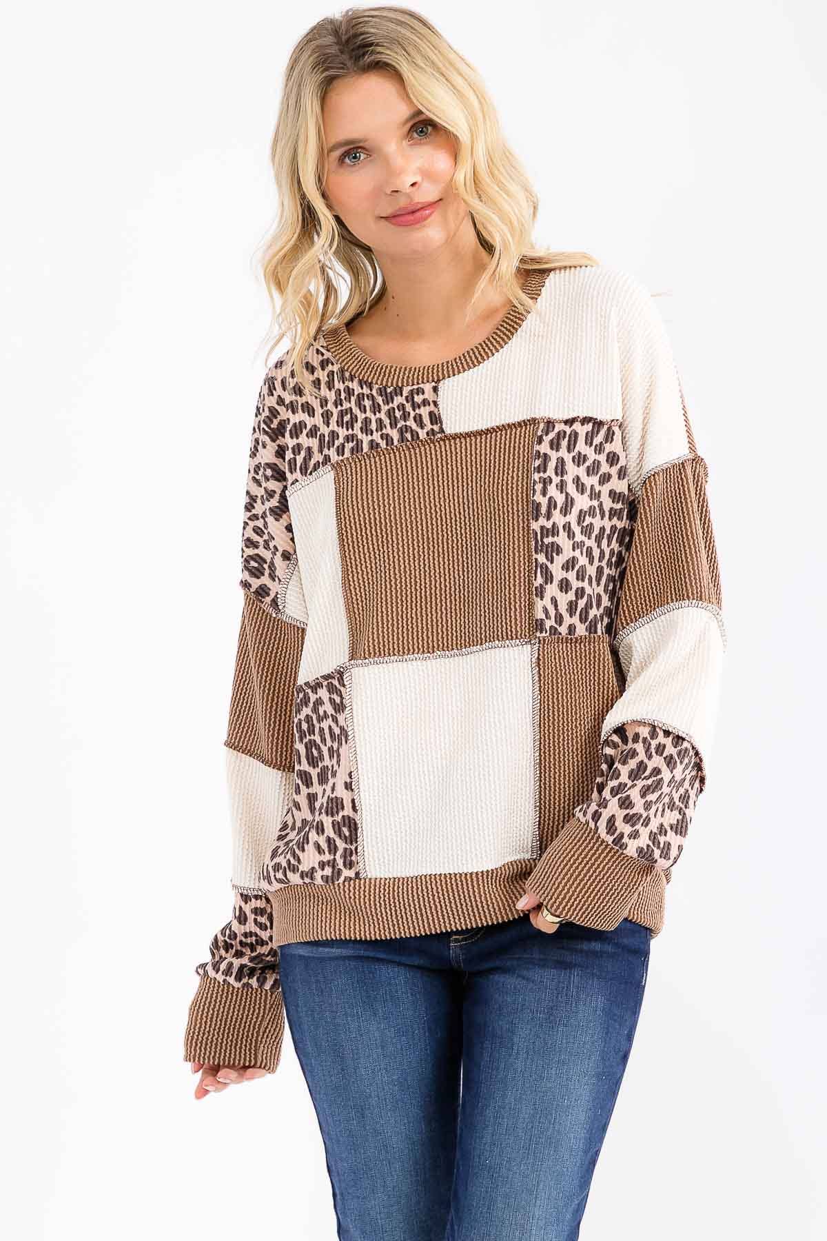 Leopard Patchwork Color Block Rib Knit Pullover Top