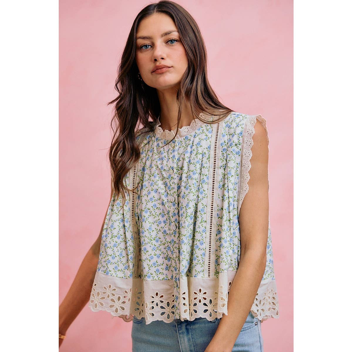 FLORAL PRINT WOVEN BUTTON DOWN TRIMMED BLOUSE TOP