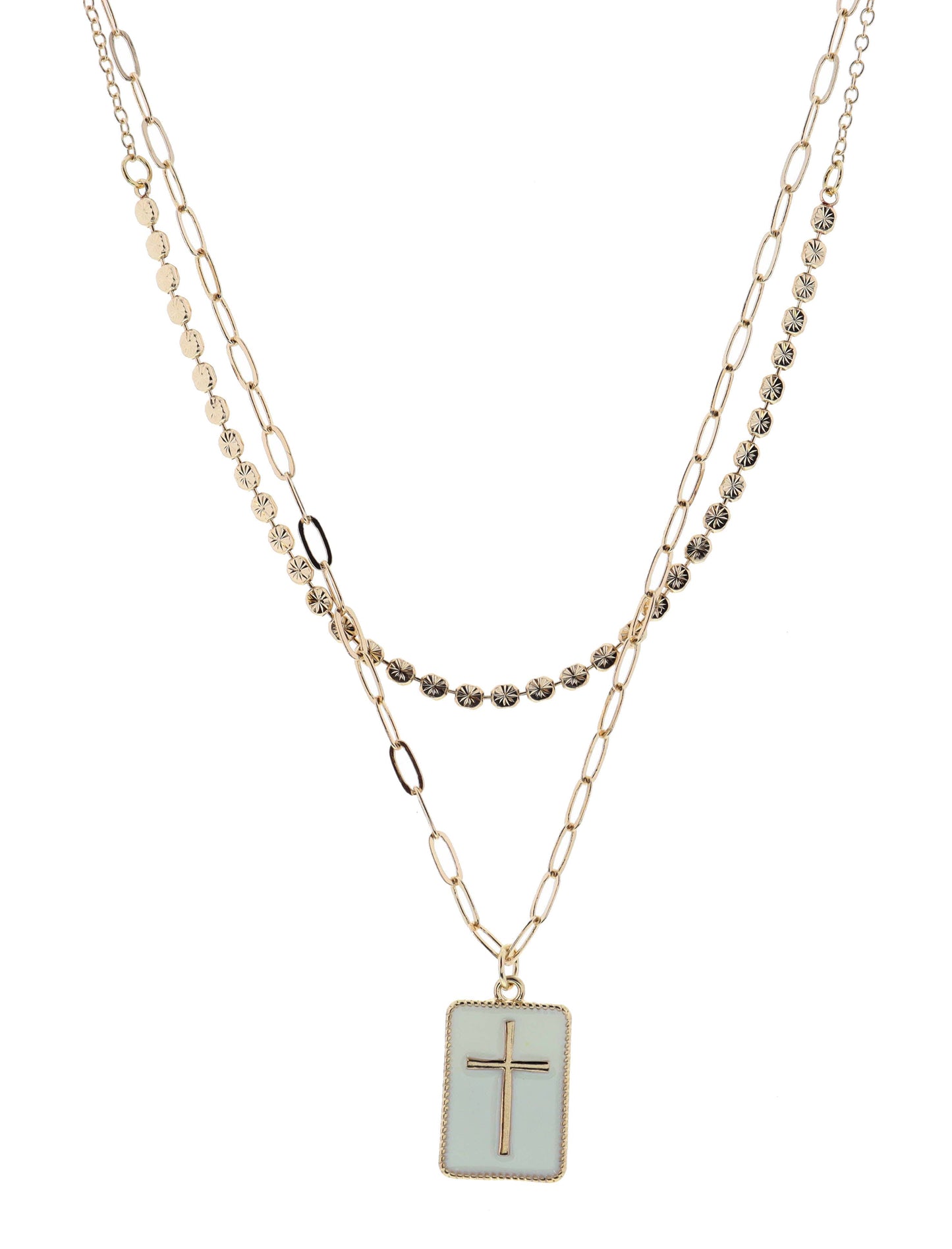 16", 18" 2 Layered Cross on Ivory Rectangle Necklace