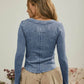 WASHED LONG SLEEVE RIBBED HENLEY KNIT TOP