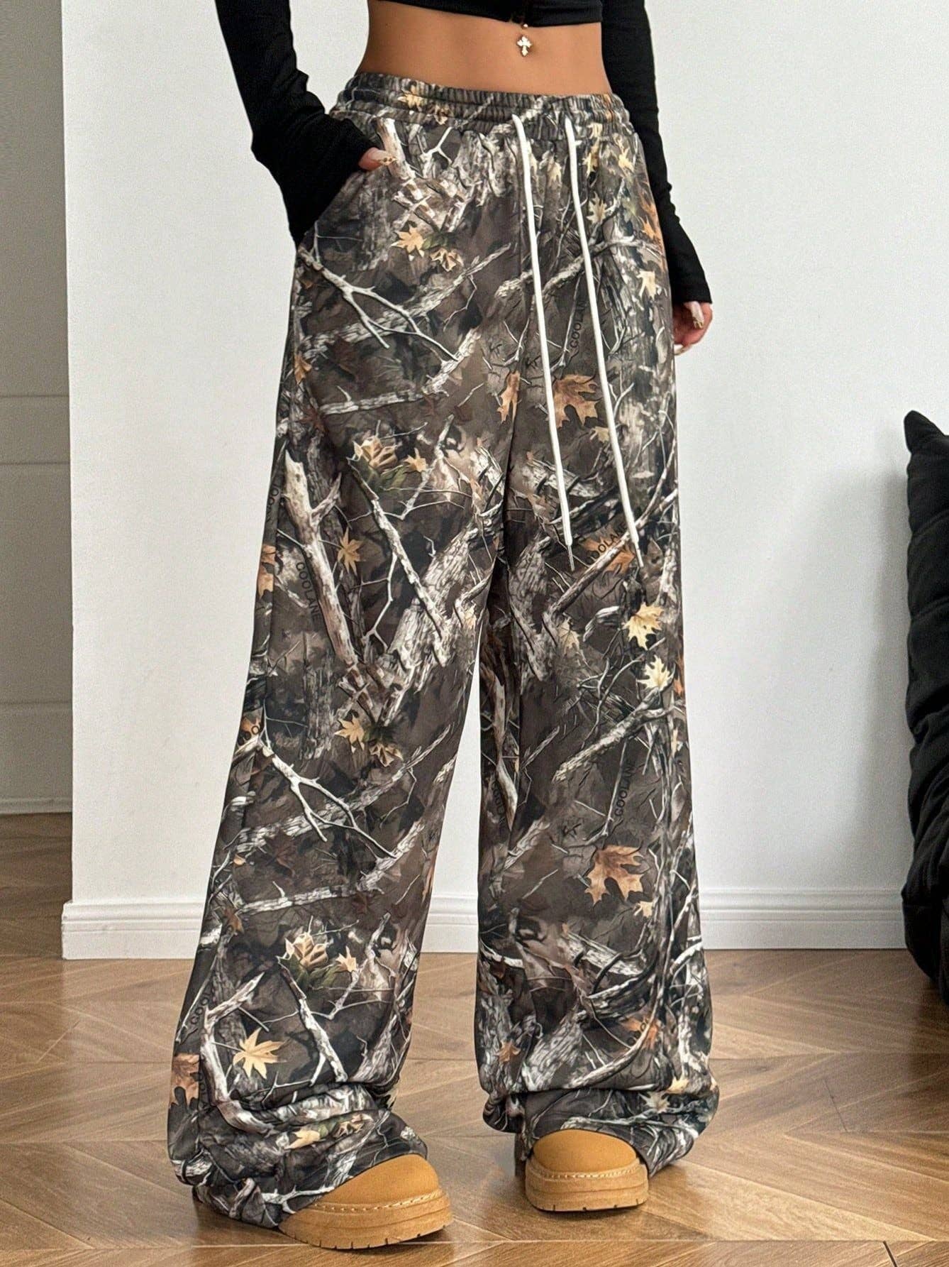 Tree Camo Wide Leg Pants High Waist Drawstring