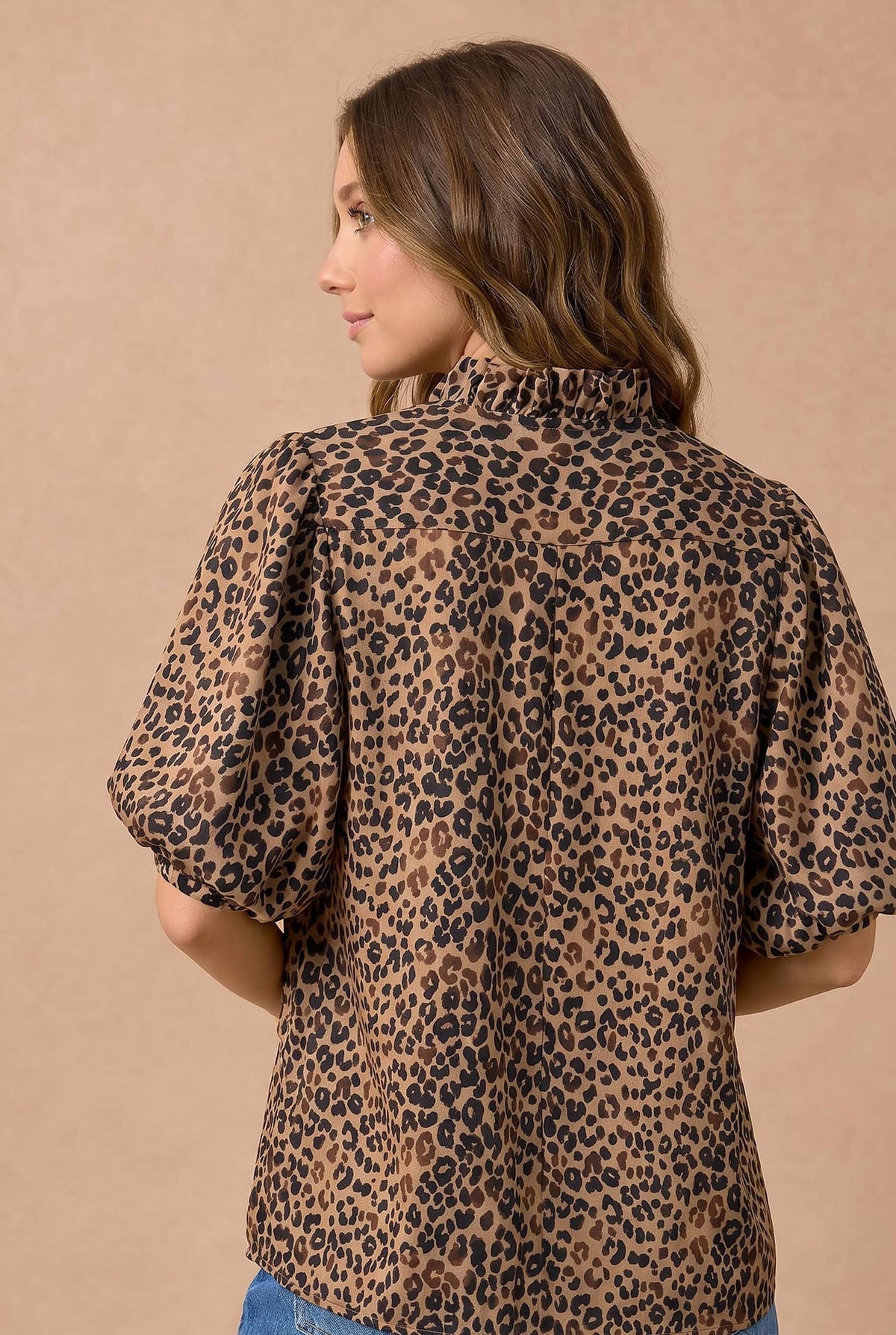 Leopard Ruffle Notch Neck Blouse
