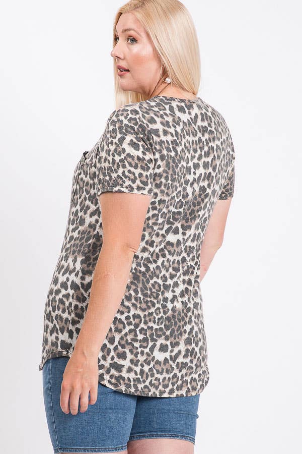 Leopard Print V neck Sequin Trim Tee