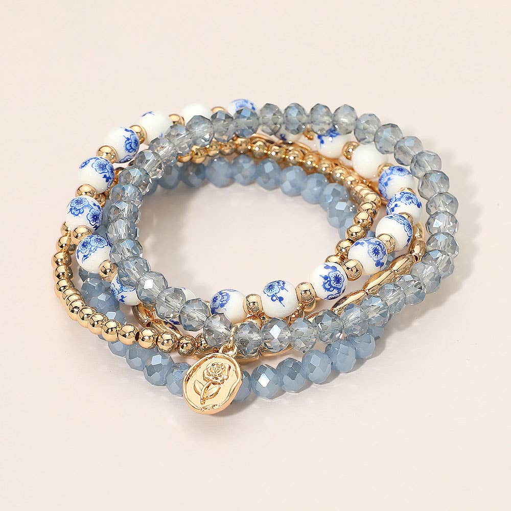 5PCS - Flower Stem Embossed Oval Charm Faceted Beaded Stretch Multi Layered Bracelets