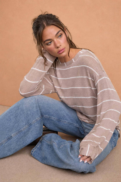 STRIPE LONG SLEEVE CUFFED RELAXED KNIT TOP