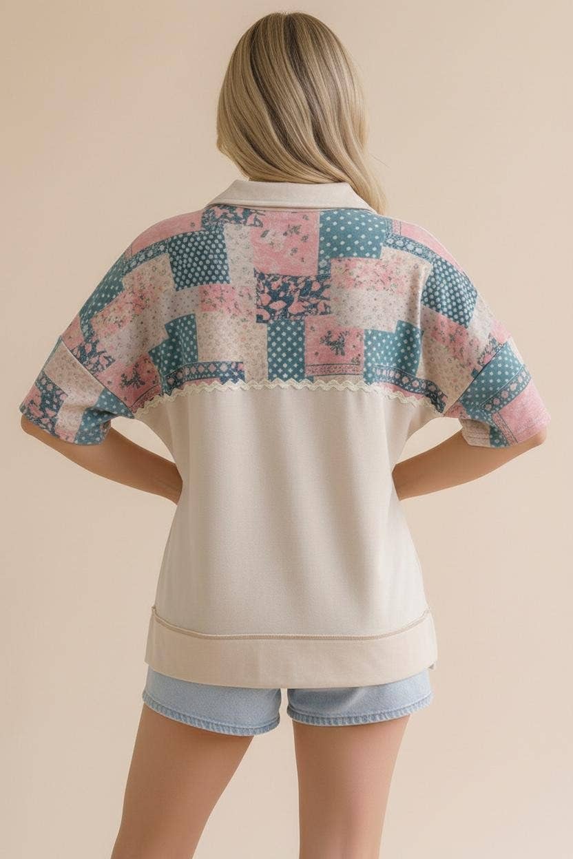 Collared Notch Neck Floral Patchwork Print Top