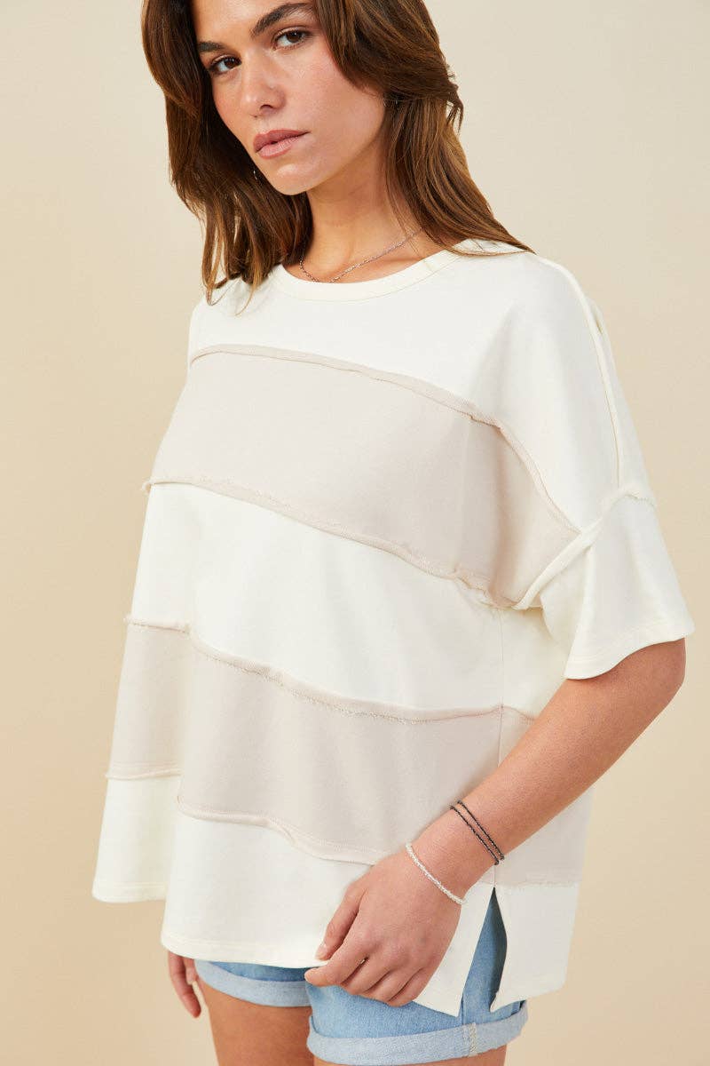 Womens Raw Edge Detail Color Block French Terry Knit Top
