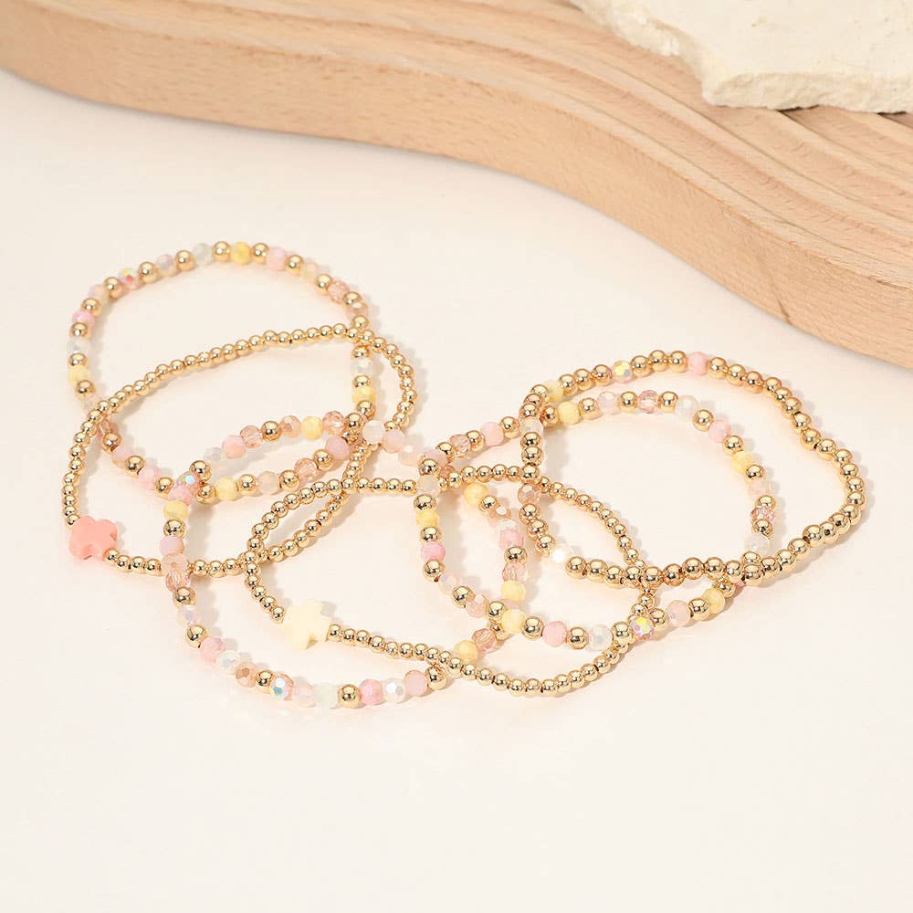 6PCS - Cross Charm Faceted Beaded Stretch Multi Layered Bracelets