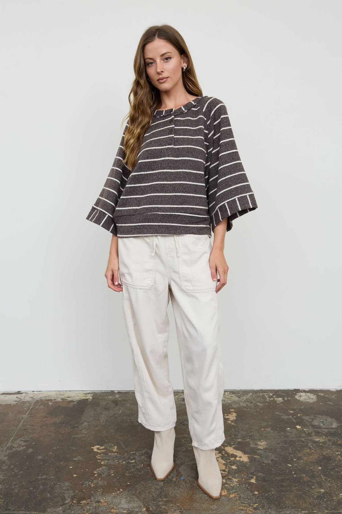 STRIPE HENLEY WIDE LONG SLEEVE KNIT TOP