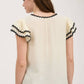 V NECK WAVY TRIM RUFFLE SLEEVE TOP