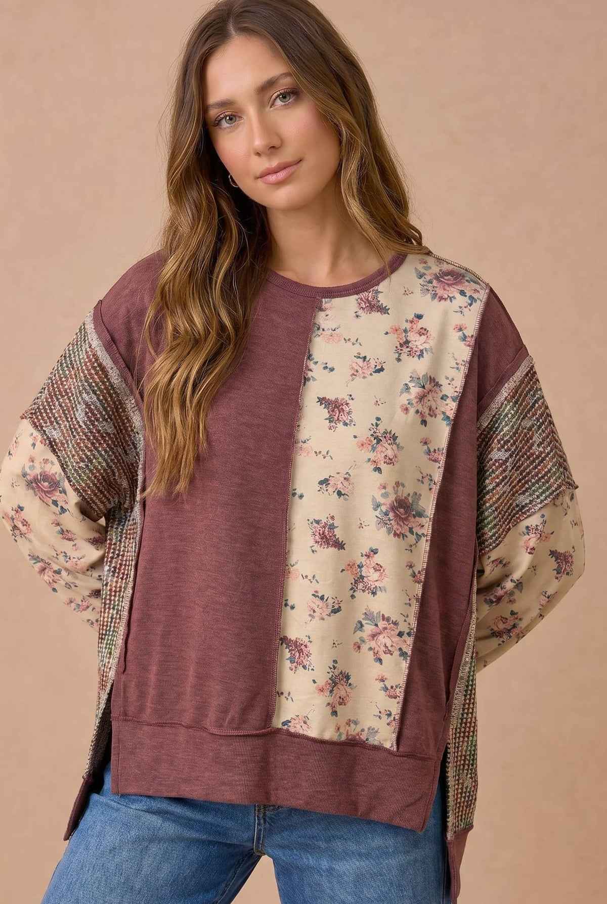 Mixed Fabric Floral Waffle Knit Paneling Top