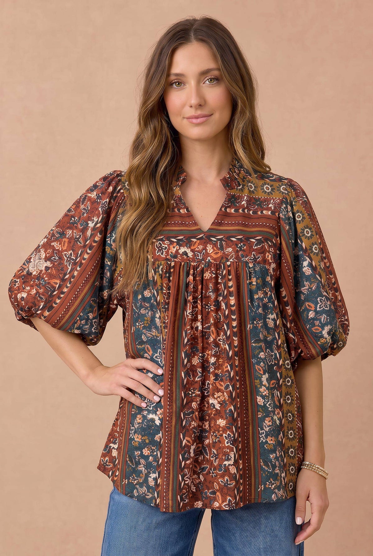 Mixed Print Notched Babydoll Top