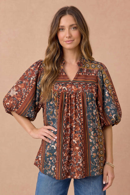 Mixed Print Notched Babydoll Top