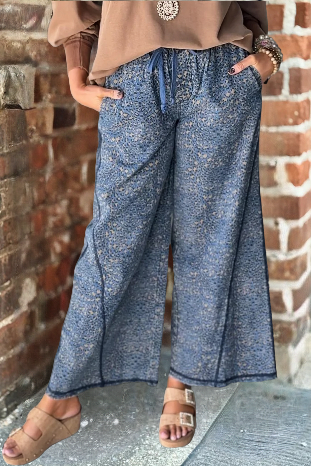 Leopard Print Exposed Seam Detail Wide Leg Drawstring Jeans