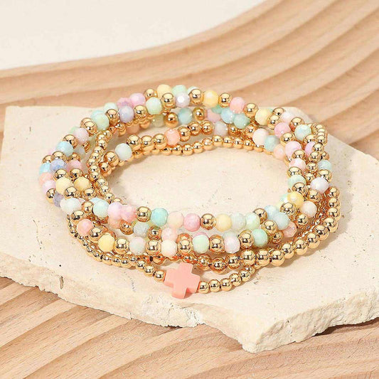 6PCS - Cross Charm Faceted Beaded Stretch Multi Layered Bracelets
