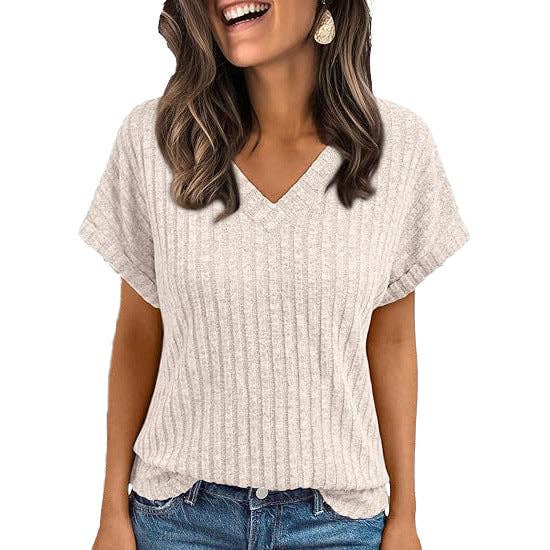 Ribbed Knit V-Neck Top – Relaxed Fit Casual Summer Tee