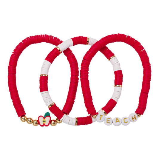 Set of 3, Red, White Beaded Bracelet with Apple & Teach