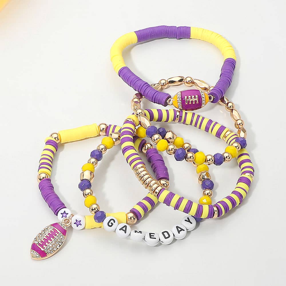 5PCS - GAME DAY Football Charm Heishi Faceted Beaded Stretch Multi Layered Bracelets