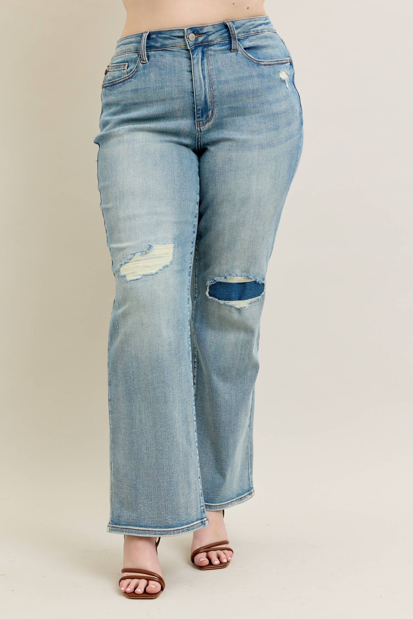 High Waisted Distressed & Knee Patch Straight- PLUS