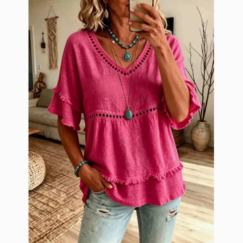Boho Linen V Neck Blouse Eyelet Ruffle Sleeve