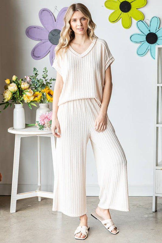 Textured V neck Top And Wide Leg Lounge Set