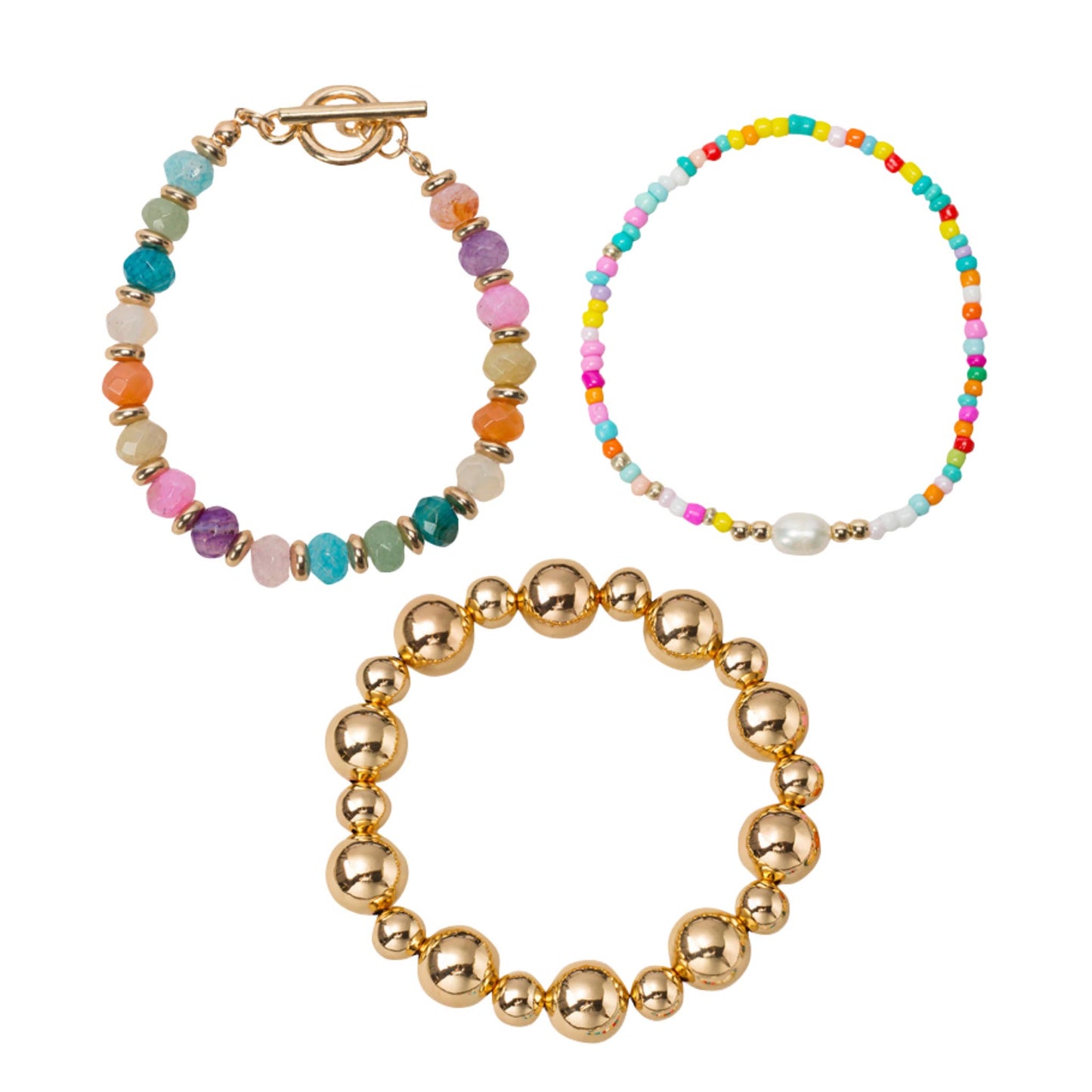 Set of 3, Gemstone, Bead with Pearl Toggle Bracelet