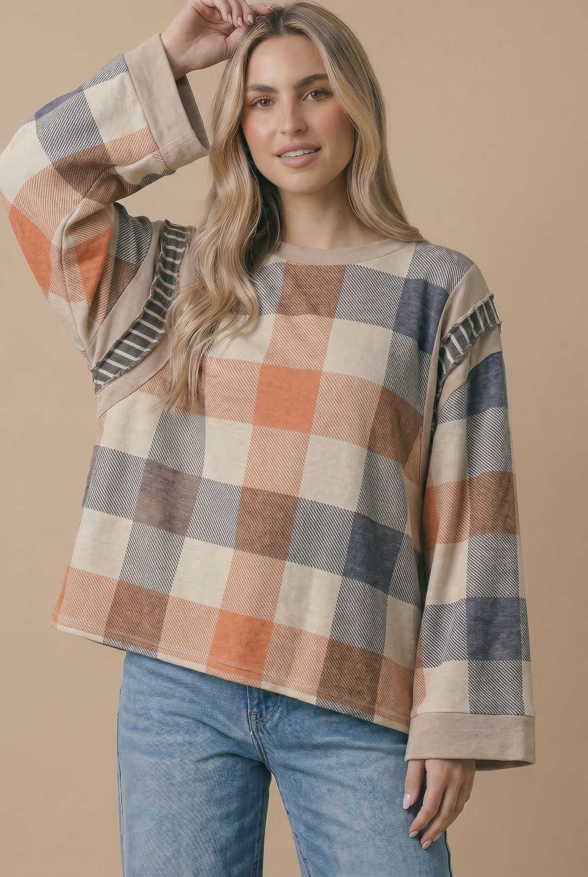 Plaid Colorblock Pullover Knit Top