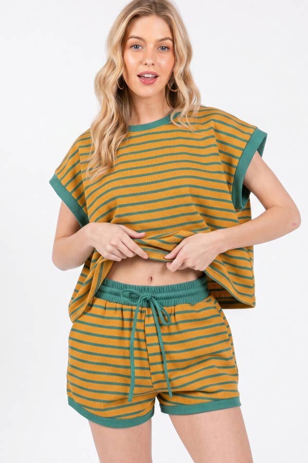 Contrast Striped Round Neck Top & Shorts Set Loungewear