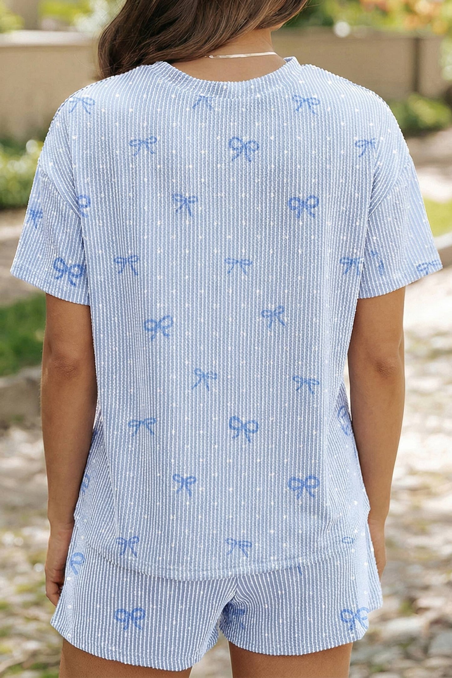 Heart Bow Print Twisted Rib Loose 2pcs Short Set | S-XL