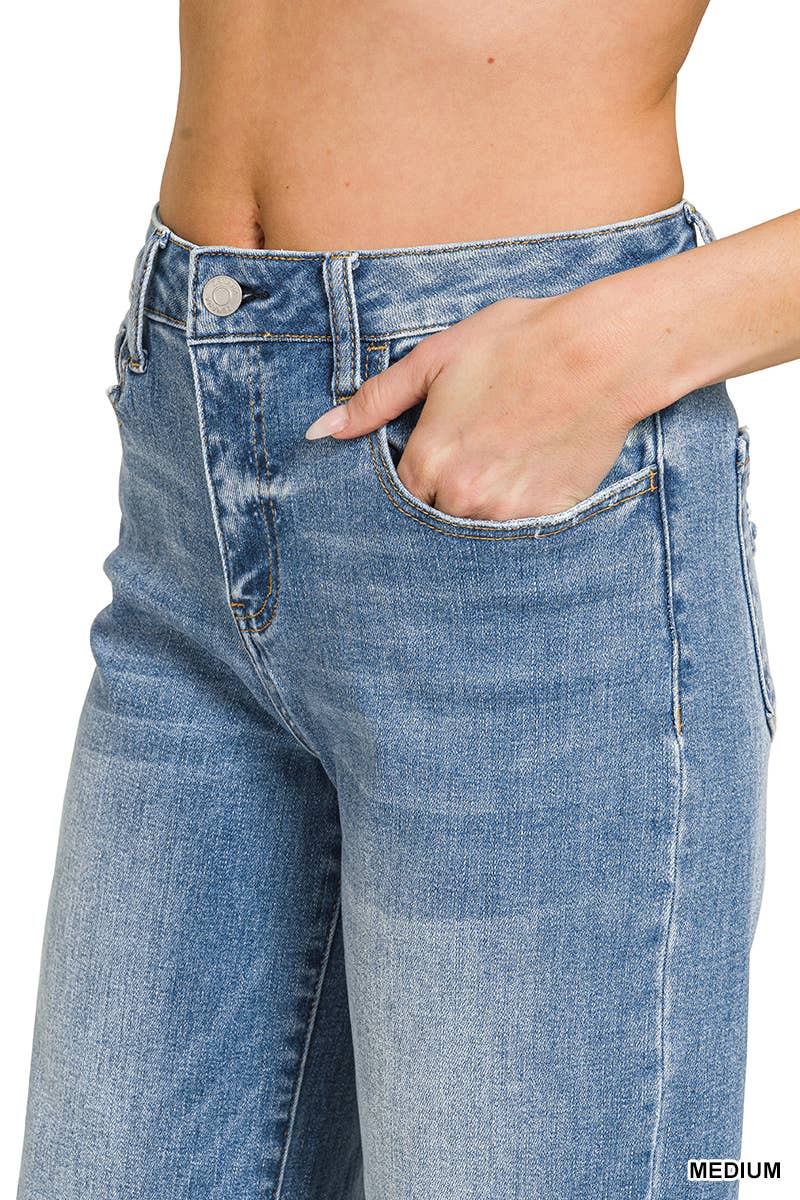 High Rise Cuffed Wide Leg Denim Pants - Zenana