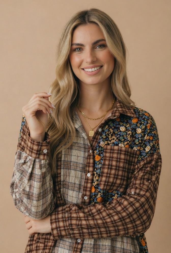 Plus Button Down Color Block Oversized Top