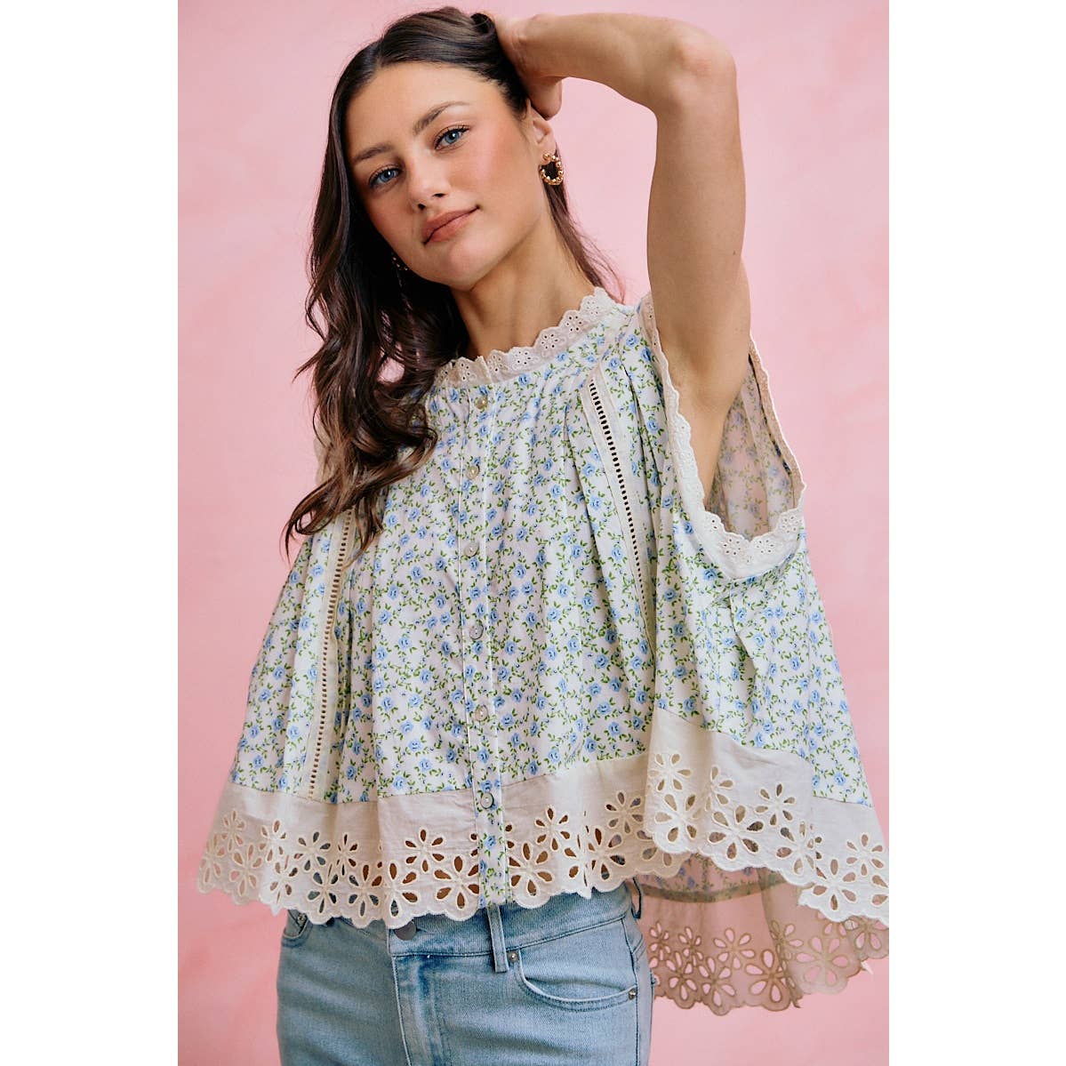 FLORAL PRINT WOVEN BUTTON DOWN TRIMMED BLOUSE TOP