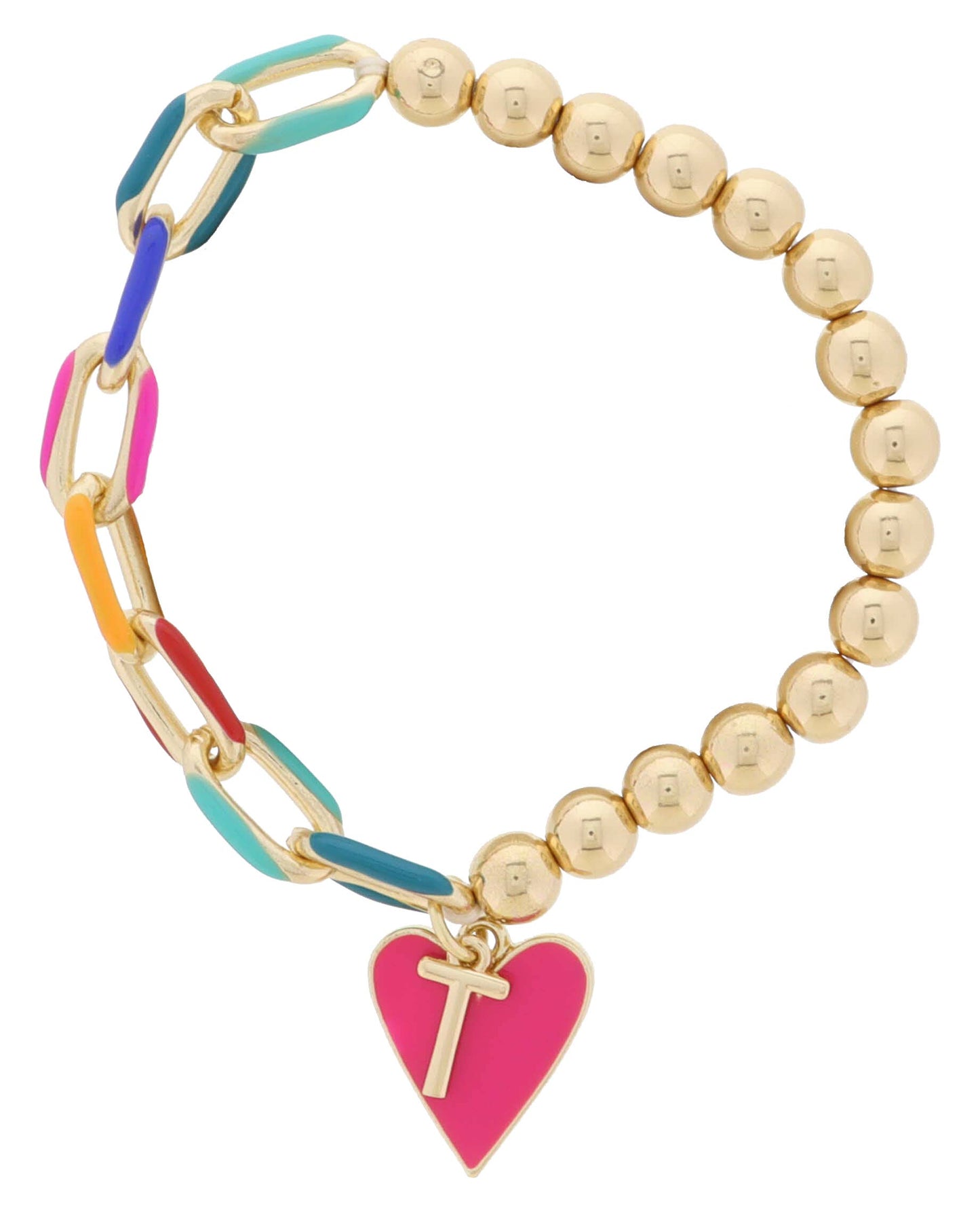 Kids Half Chain, Half Beaded, "T", Pink Heart Bracelet