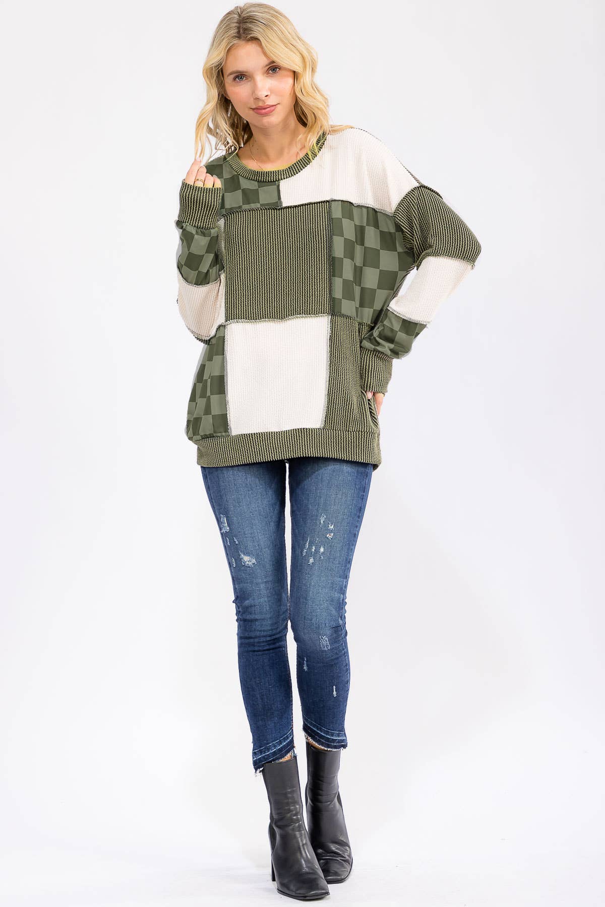 Patchwork Rib And Checkerboard Pullover Top