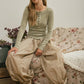 WASHED LONG SLEEVE RIBBED HENLEY KNIT TOP
