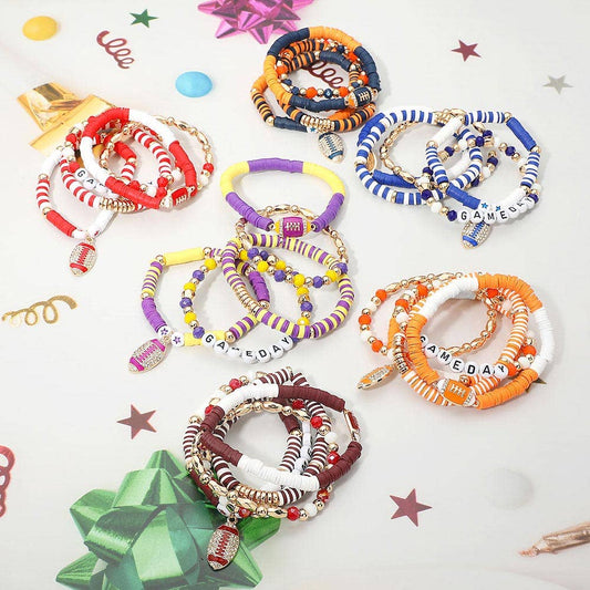 5PCS - GAME DAY Football Charm Heishi Faceted Beaded Stretch Multi Layered Bracelets