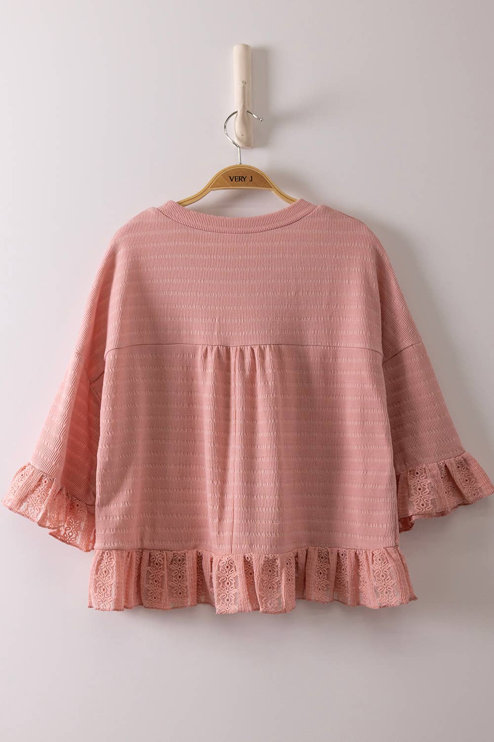 Half Sleeve Lace Ruffle Detail Textured Knit Top