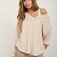 RAW EDGE V-NECK LONG SLEEVE TEXTURED KNIT TOP
