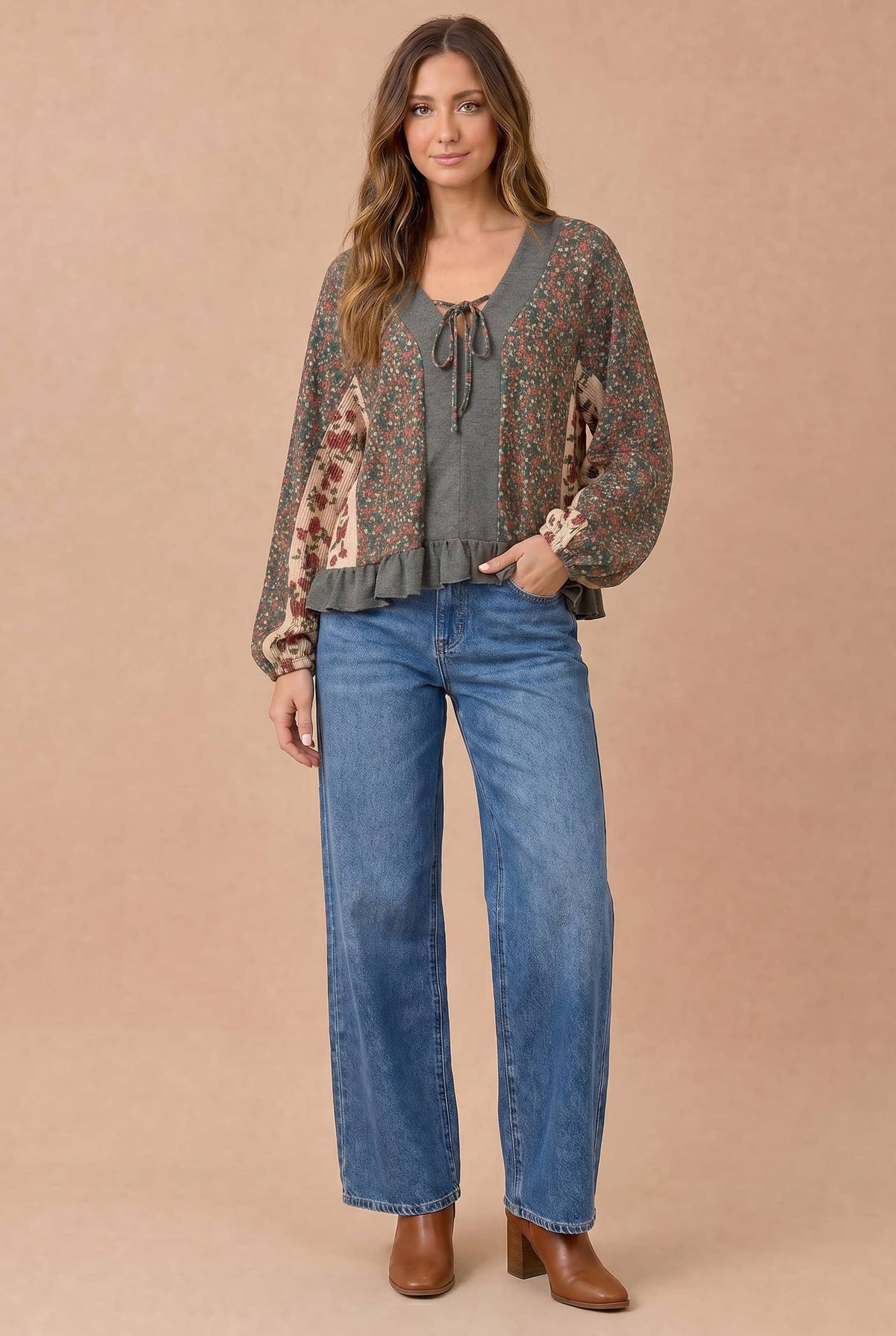 Plus Floral Patchwork Tie Front Ruffle Hem Top