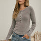 WASHED LONG SLEEVE RIBBED HENLEY KNIT TOP