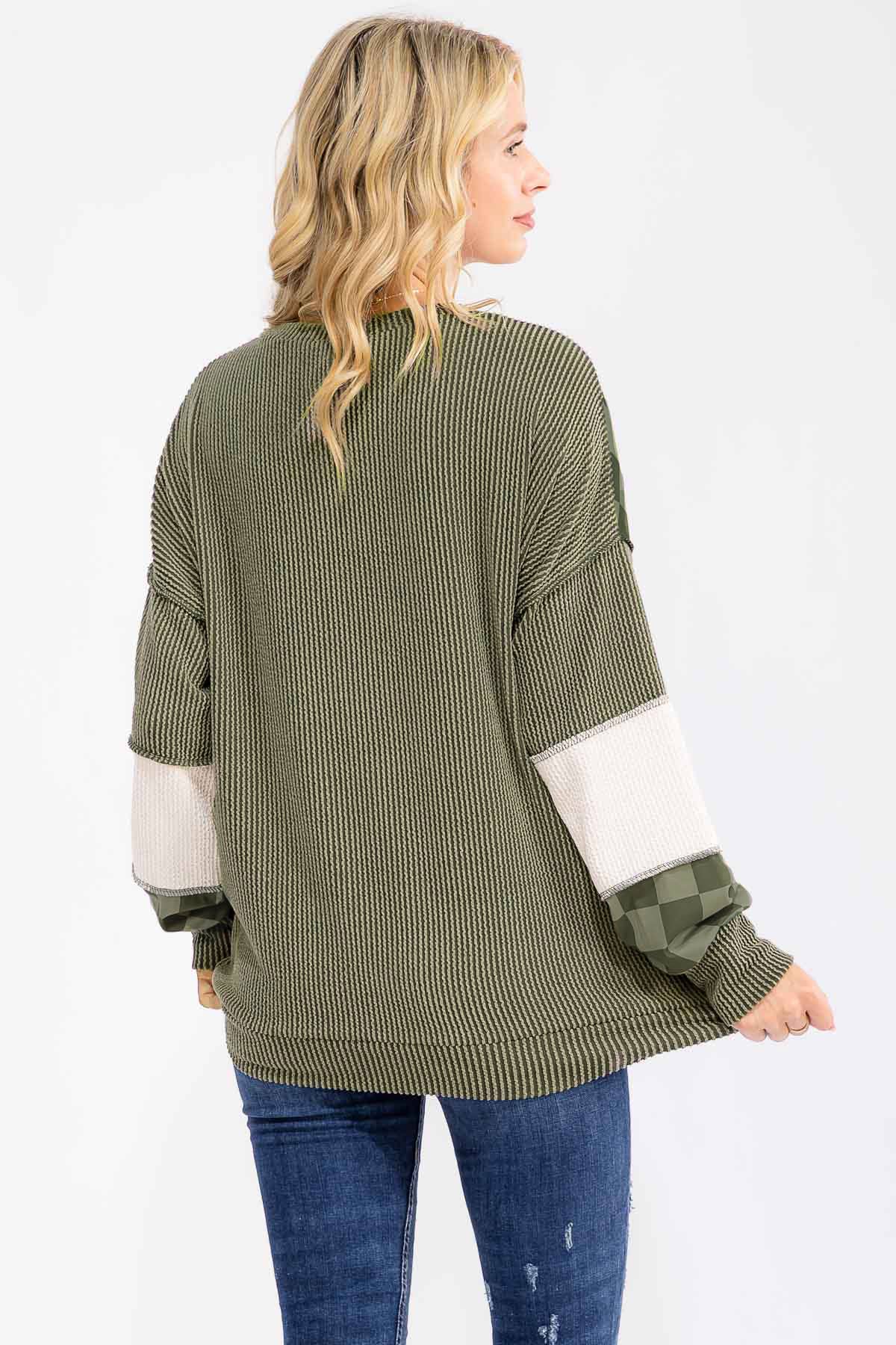 Patchwork Rib And Checkerboard Pullover Top