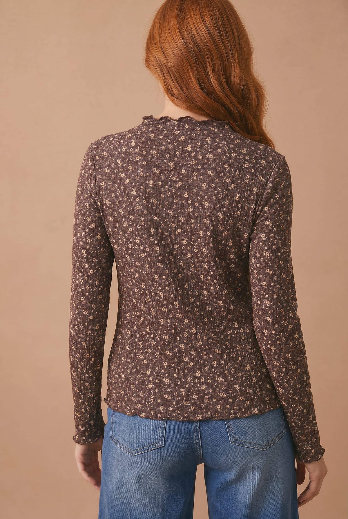 Floral Embossed Rib Frilled Merrow Hem Top