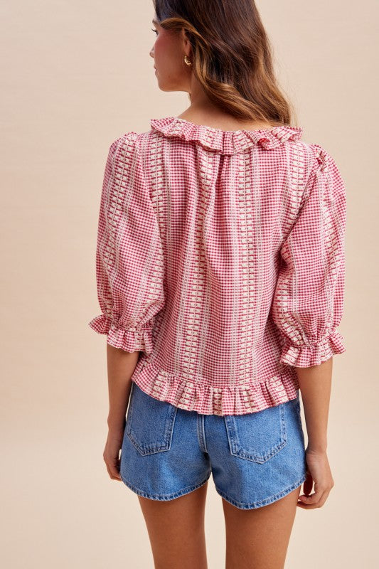 Embroidered Gingham Check Ruffle Blouse