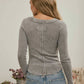 WASHED LONG SLEEVE RIBBED HENLEY KNIT TOP
