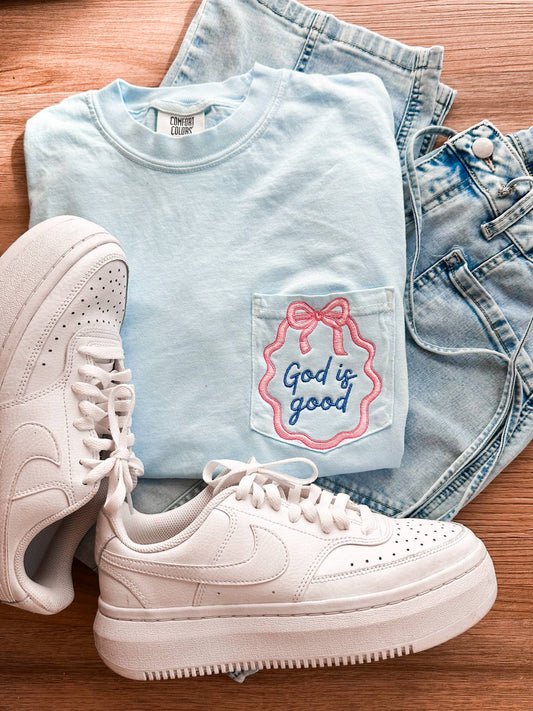 God Is Good Bow Embroidery | Comfort Colors Pocket Tee