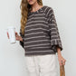 STRIPE HENLEY WIDE LONG SLEEVE KNIT TOP