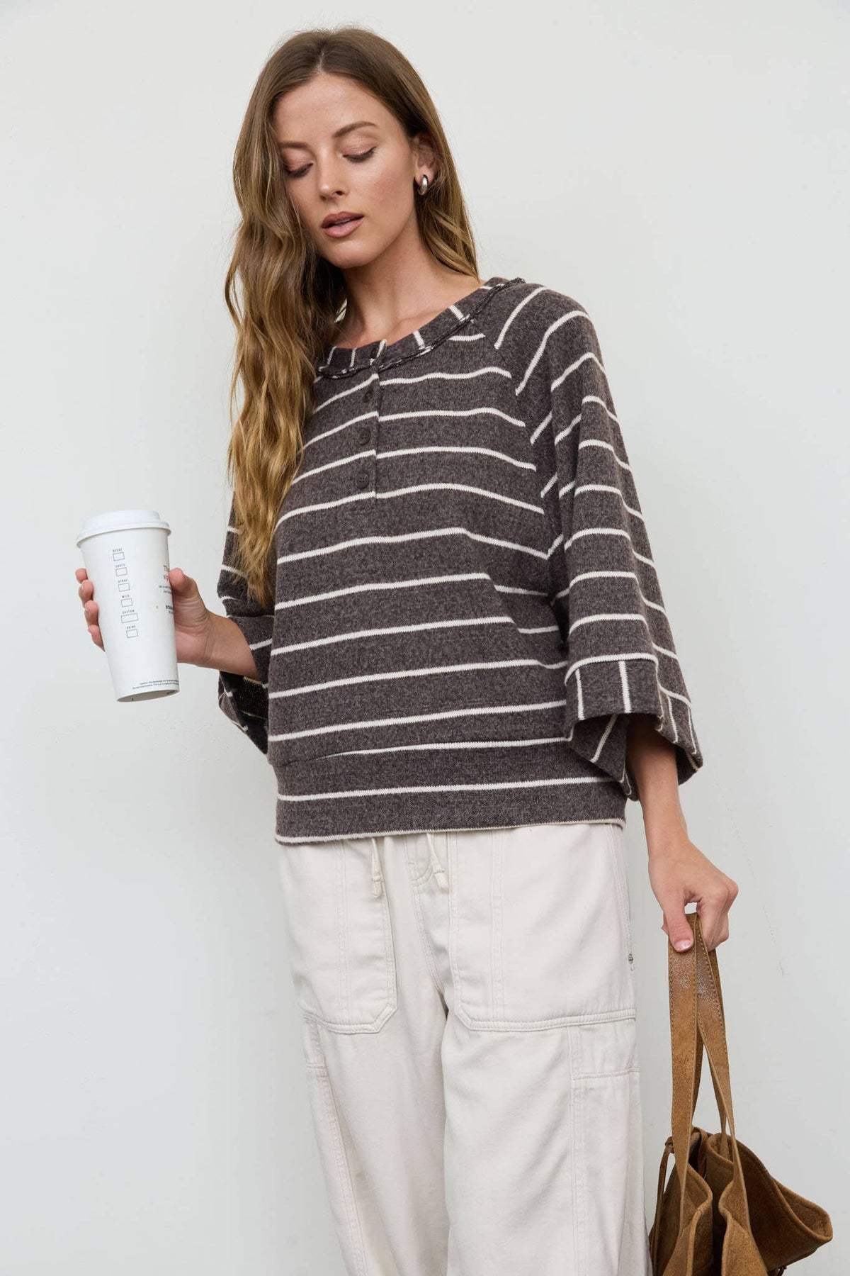 STRIPE HENLEY WIDE LONG SLEEVE KNIT TOP
