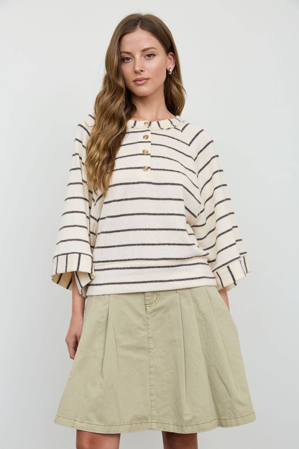 STRIPE HENLEY WIDE LONG SLEEVE KNIT TOP