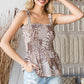 Animal Print Smocked Shoulder Tie Peplum Tank Top